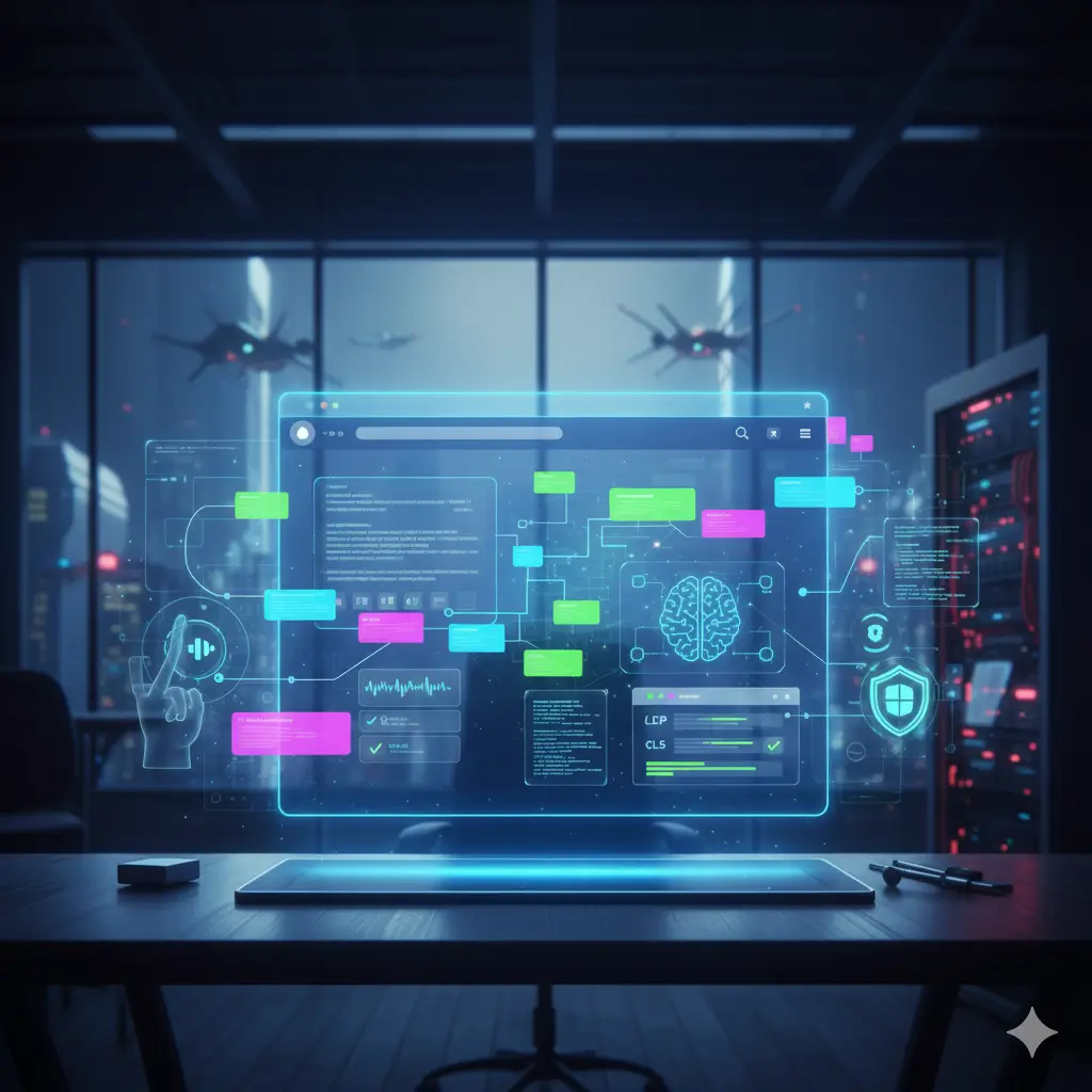 Futuristic WordPress dashboard with glowing UI elements representing AI, performance, and security.